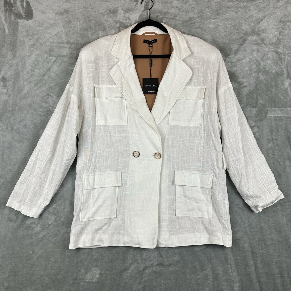 JLUXLABEL Blazer Women's M White Linen Cotton Blend Oversized Pockets NEW